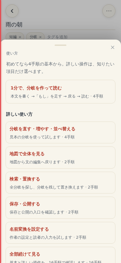 基本4手順と目的別の使い方を選ぶ画面